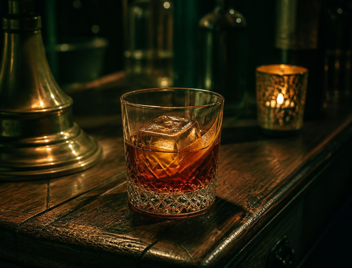 Sklenice whisky na dubovém barovém pultu